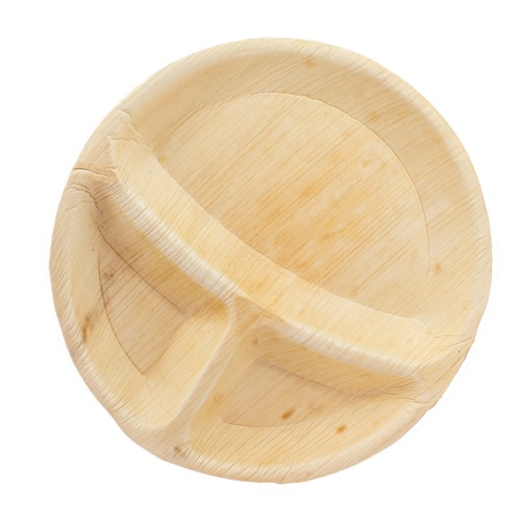 25 Stück - Runde Palmblatt Teller, dreigeteilt, 25cm Durchmesser