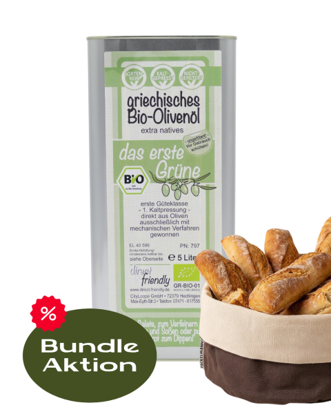 Bundleaktion - 5 Liter Olivenöl grün + Fackelmann Brotkorb