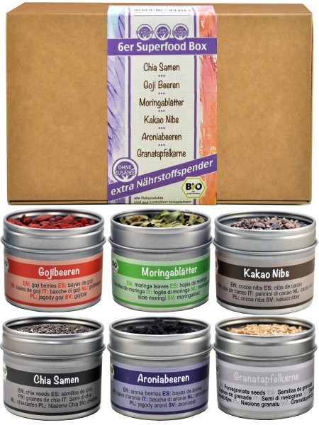 Superfood - Bio Geschenkset mit Aronia, Chia, Goji, Granatapfelkernen, Kakao Nibs und Moringa