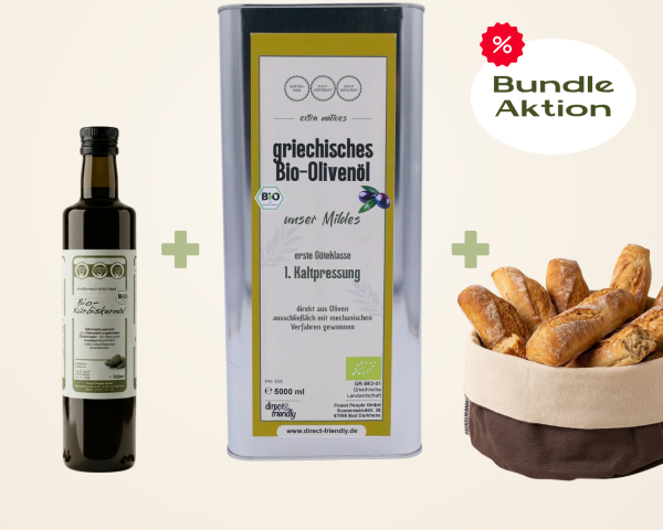 Bundle - Bio-Olivenöl 5 l + Bio-Kürbiskernöl 500 ml + Brotkorb